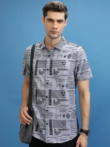 KETCH Grey Slim Fit Opaque Typography Printed Casual Shirt