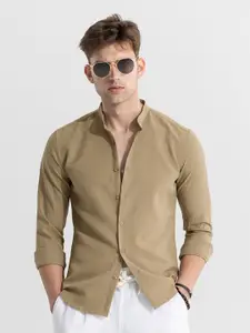 Snitch Beige Classic Slim Fit Opaque Micro Checked Mandarin Collar Cotton Casual Shirt