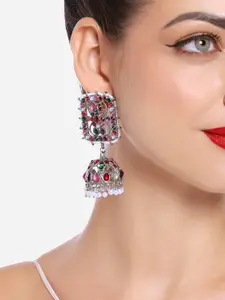 Zaveri Pearls Silver Plated Kundan Studded Oxidised Jhumkas