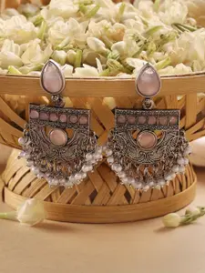 Zaveri Pearls Silver Plated Artificial Stones Studded Oxidised Drop Earrings