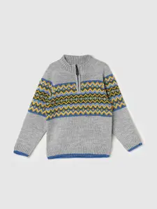 max Boys Mock Collar Self Design Acrylic Wool Pullover Sweater