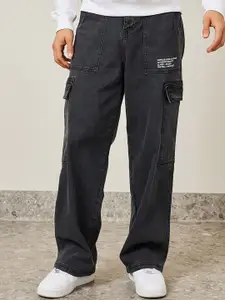 Styli Men Black Wide Leg Clean Look Stretchable Cargo Jeans