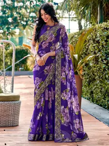 Saree mall Violet Floral Printed Pure Georgette Saree