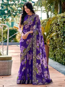 Saree mall Violet Floral Printed Poly Georgette Saree