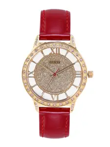 GUESS Women Ethereal Embellished Dial & Leather Straps Analogue Watch GW0436L1