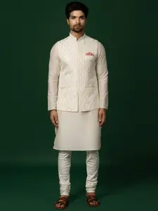 KISAH Men Textured Regular Fit Geometric Pattern Kurta Jacket Churidar Set