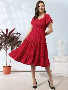 BAESD Sweetheart Neck Flared Sleeve Tiered Gathered Fit and Flare Midi Dress