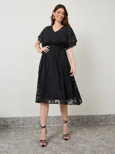 Styli Black Jacquard Floral Lace Extended Sleeves Midi Wrap Dress