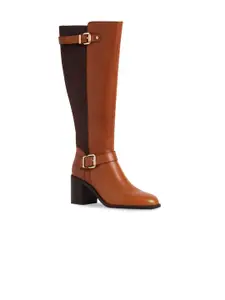 Peach Flores Women High Top Block-Heeled Leather Regular Boots With Buckle Detail