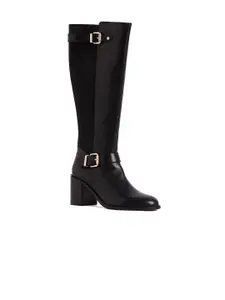 Peach Flores Women Hope High Top Leather Block-Heeled Regular Boots With Buckle