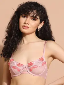 Da Intimo Pink Floral Lace Half Coverage Non Padded Balconette Bra With All Day Comfort