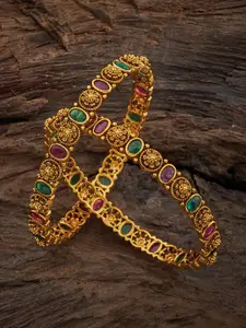 Kushal's Fashion Jewellery Set Of 2 Gold-Plated Ruby-Studded Antique Bangle