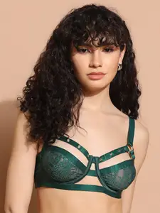 Da Intimo Green Floral Lace Half Coverage Non Padded Balconette Bra With All Day Comfort