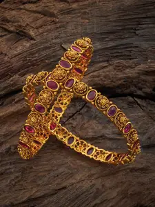 Kushal's Fashion Jewellery Set of 2 Gold Plated Ruby Stone Studded Antique Bangles