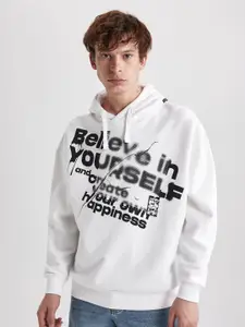 DeFacto Typography Printed Ribbed Hooded Pullover Sweatshirt