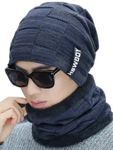 Alexvyan Men Self Design Acrylic Beanie Cap With Scarf