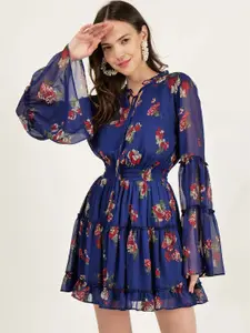 DRIRO Floral Printed Tie-Up Neck Flared Sleeve Tiered A-Line Mini Dress