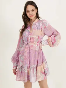 DRIRO Floral Printed Belted Cuff Sleeves Shirt Style Dress