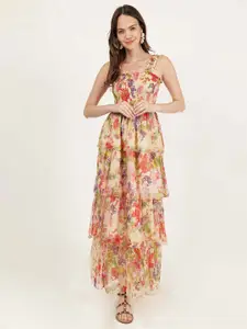 DRIRO Floral Printed Smocked Detailed Tiered Maxi Dress