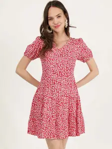 DRIRO Floral Printed Puff Sleeve Fit & Flare Dress