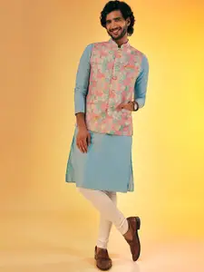 KISAH Men Textured Regular Fit Floral  Kurta Jacket Churidar Set
