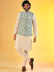 KISAH Mandarin Collar Pure Cotton Straight Kurta & Churidar With Nehru jacket