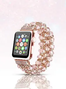 PEEPERLY Women Stainless Steel Crystal Bead Stretch Bracelet Smartwatch Strap