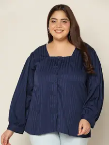 FASHION DREAM Plus Size Striped Puff Sleeve Shirt Style Top