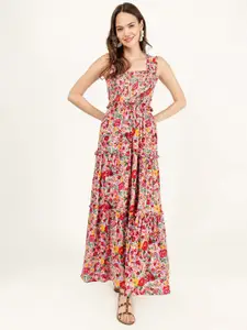DRIRO Floral Printed Smocked Detailed Tiered Maxi Dress