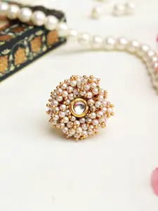BeAbhika Kundan Studded & Pearl Beaded Adjustable Finger Ring