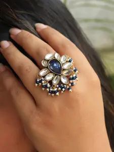 BeAbhika Kundan-Studded & Pearl-Beaded Adjustable Finger Ring