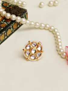 BeAbhika Kundan-Studded & Pearl-Beaded Adjustable Finger Ring
