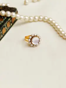 BeAbhika Kundan-Studded & Pearl-Beaded Adjustable Finger Ring