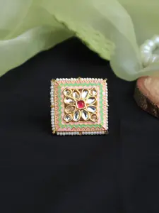 BeAbhika Kundan Studded & Beaded Adjustable Enamelled Square Finger Ring