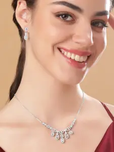 Rubans Silver Rhodium-Plated CZ-Studded Necklace & Earrings