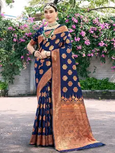 Anouk Blue & Gold-Toned Ethnic Motifs Woven Design Zari Banarasi Saree