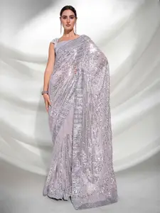 Mitera Grey & Silver Embellished Sequinned Pure Georgette Saree