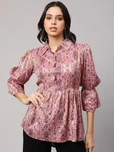 AKIMIA Geometric Printed Shirt Collar Gathered Cotton Silk Kurti