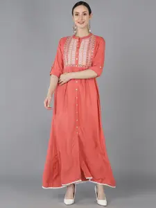 AHIKA Mandarin Collar Yoke Design Maxi Ethnic Dresses