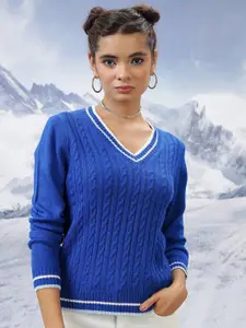Tokyo Talkies Cable Knit Self Design V-Neck Acrylic Pullover