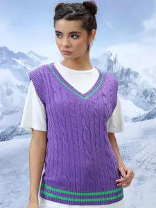 Tokyo Talkies Cable Knit Self Design V-Neck Acrylic Sweater Vest