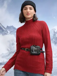 Tokyo Talkies Ribbed High Neck Embellished Detail Acrylic Pullover