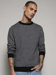 Campus Sutra Black Self Design Acrylic Pullover