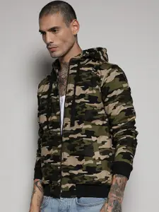 Campus Sutra Green Camouflage Windcheater Hooded Bomber Jacket