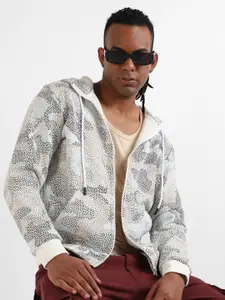 Campus Sutra Abstract Printed Hooded Cotton Bomber Jacket