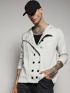 Campus Sutra Grey Long Sleeves Double-Breasted Windcheater Longline Tailored Jacket