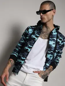 Campus Sutra Blue Camouflage Windcheater Cotton Bomber Jacket