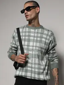 Campus Sutra Green Checked Woollen Pullover
