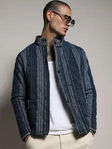 Campus Sutra Black, Navy Blue Striped Windcheater Cotton Quilted Jacket