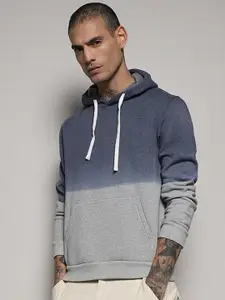 Campus Sutra Blue & Beige Colourblocked Hooded Cotton Sweatshirt